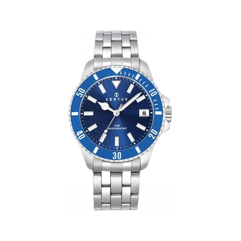 MONTRE CERTUS HOMME BRACELET ACIER DATEUR A 3H CADRAN ET LUNETTE BLEU