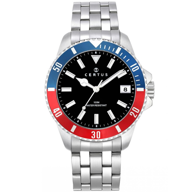 MONTRE CERTUS HOMME BRACELET ACIER DATEUR A 3H CADRAN NOIR ET LUNETTE BLEU ET ROUGE