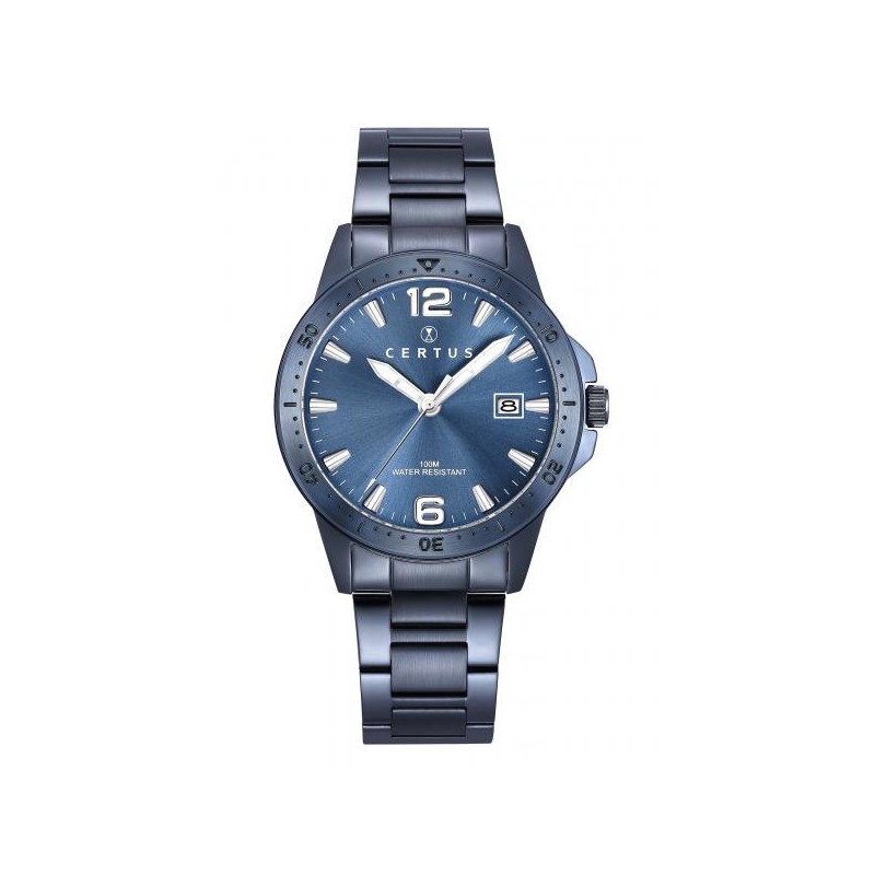 MONTRE CERTUS HOMME BRACELET ACIER BLEU DATEUR A 3H CADRAN BLEU