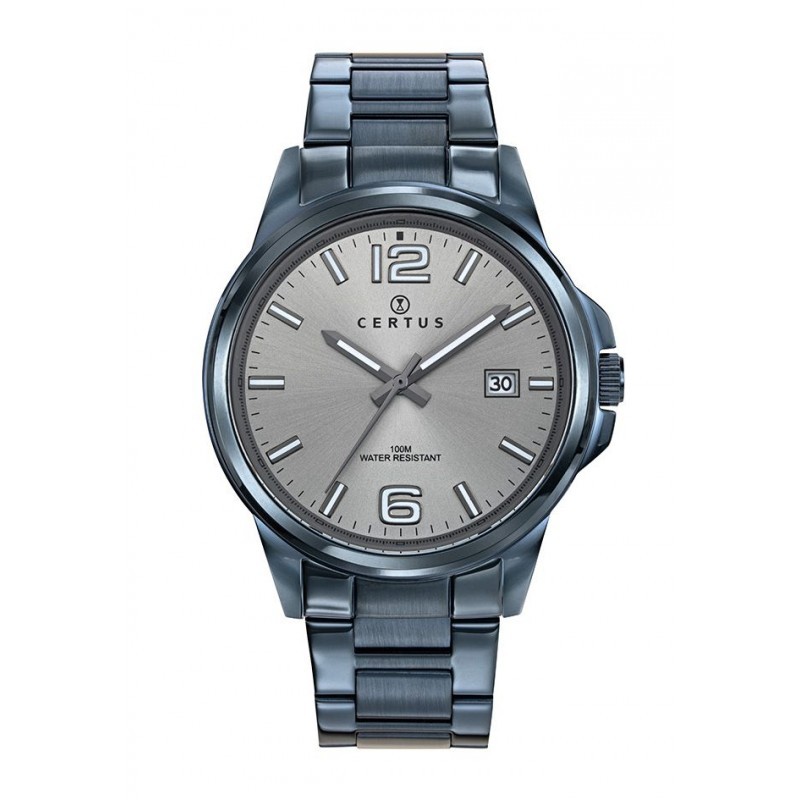 MONTRE CERTUS HOMME BRACELET ACIER BLEU DATEUR A 3H CADRAN GRIS