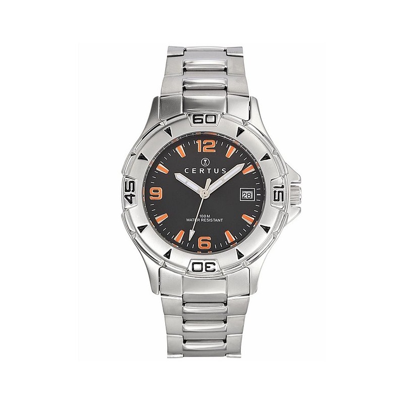MONTRE CERTUS HOMME BRACELET ACIER CADRAN NOIR DATEUR A 3H INDEX ORANGES