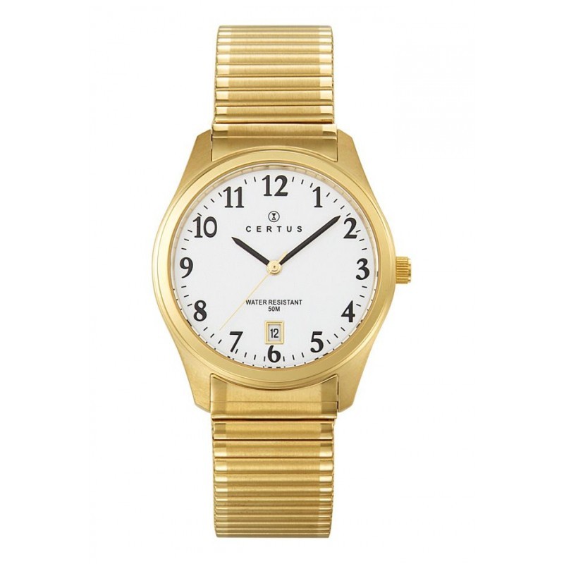 MONTRE CERTUS HOMME BRACELET ACIER DORE EXTENSIBLE CADRAN BLANC DATEUR A 6H