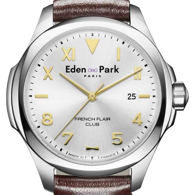 MONTRE HOMME EDEN PARK FRENCH FLAIR CLUB BRACELET CUIR MARRON CADRAN GRIS SOLEIL DATEUR