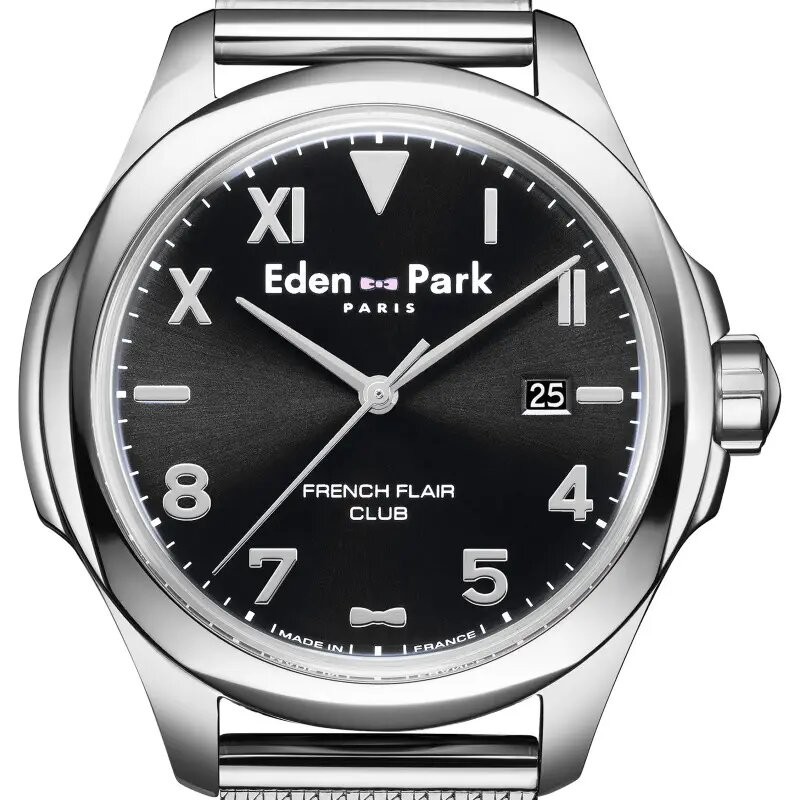 MONTRE HOMME EDEN PARK FRENCH FLAIR CLUB BRACELET MILANAIS ARGENTE CADRAN NOIR DATEUR