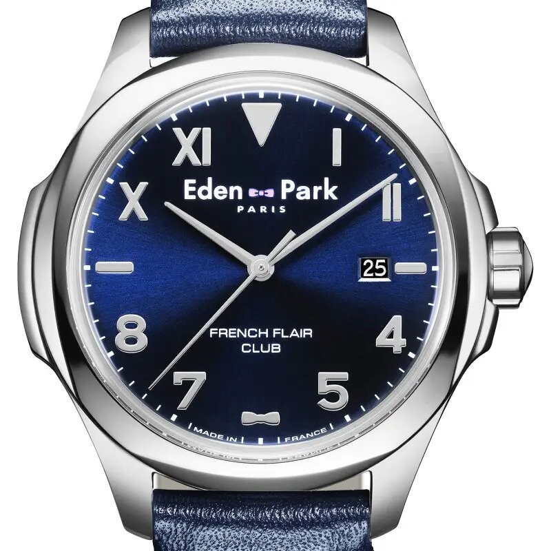 MONTRE HOMME EDEN PARK FRENCH FLAIR CLUB BRACELET CUIR BLEU CADRAN BLEU SOLEIL DATEUR