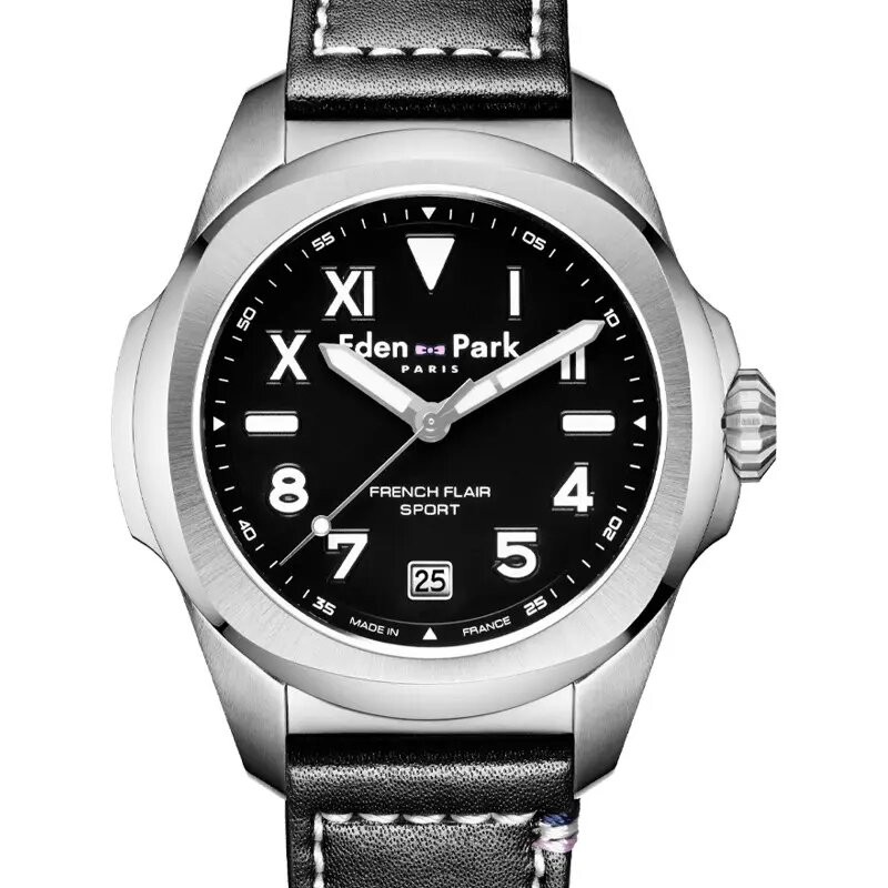 MONTRE HOMME EDEN PARK FRENCH FLAIR SPORT BRACELET CUIR NOIR CADRAN NOIR  DATEUR