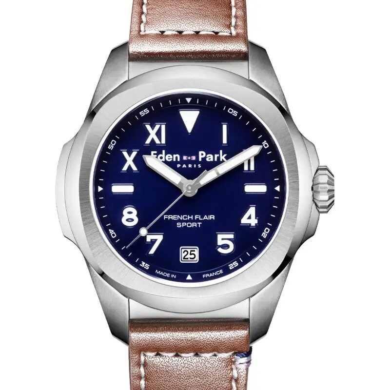 MONTRE HOMME EDEN PARK FRENCH FLAIR SPORT BRACELET CUIR MARRON CADRAN BLEU DATEUR
