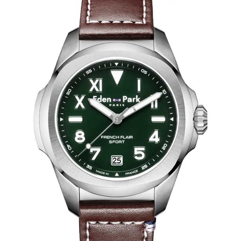 MONTRE HOMME EDEN PARK FRENCH FLAIR SPORT BRACELET CUIR MARRON CADRAN VERT DATEUR