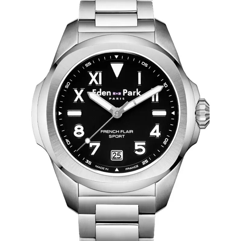 MONTRE HOMME EDEN PARK FRENCH FLAIR SPORT BRACELET ACIER ARGENTE CADRAN NOIR DATEUR