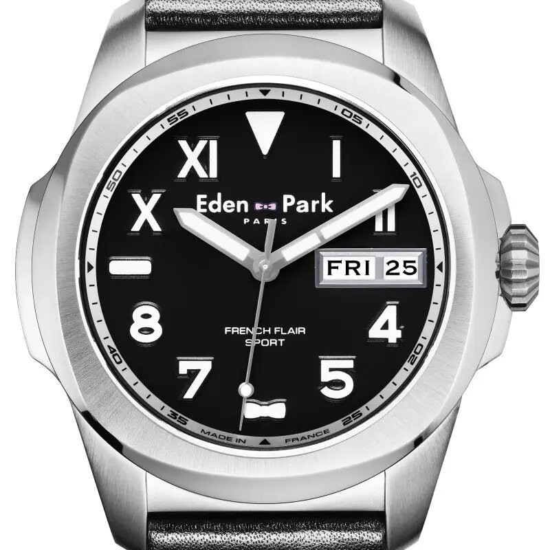 MONTRE HOMME EDEN PARK FRENCH FLAIR SPORT BRACELET CUIR NOIR CADRAN NOIR  DATEUR JOUR ET DATE