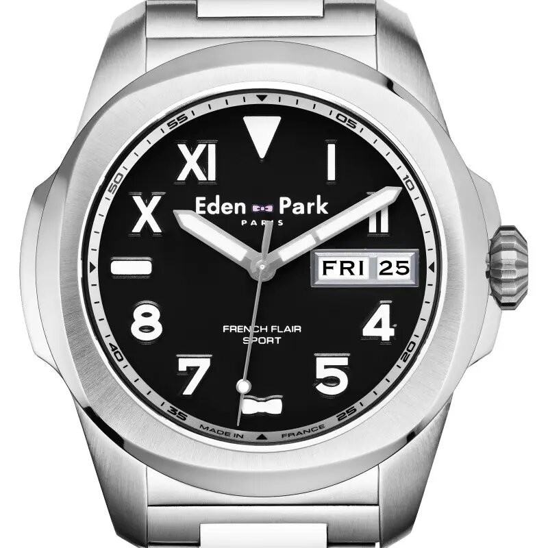 MONTRE HOMME EDEN PARK FRENCH FLAIR SPORT BRACELET ACIER ARGENTE CADRAN NOIR DATEUR JOUR ET DATE