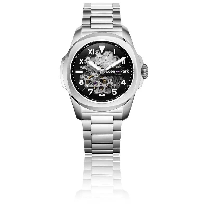 MONTRE HOMME EDEN PARK FRENCH FLAIR SPORT AUTOMATIQUE SKELETON BRACELET ACIER ARGENTE