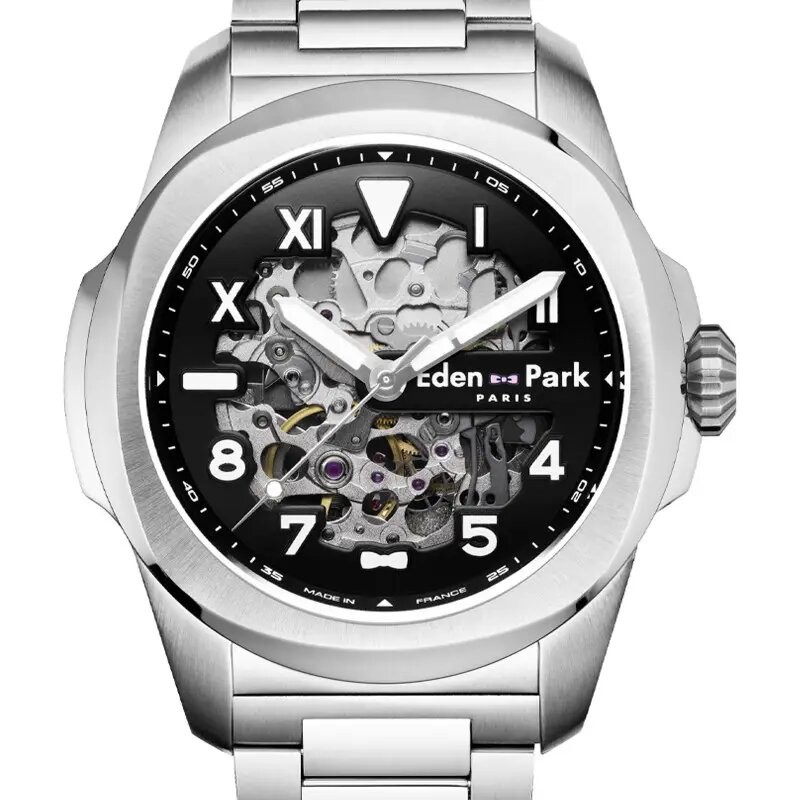 MONTRE HOMME EDEN PARK FRENCH FLAIR SPORT AUTOMATIQUE SKELETON BRACELET ACIER ARGENTE