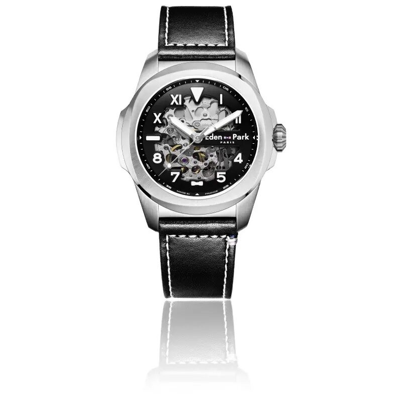 MONTRE HOMME EDEN PARK FRENCH FLAIR SPORT AUTOMATIQUE SKELETON BRACELET CUIR NOIR