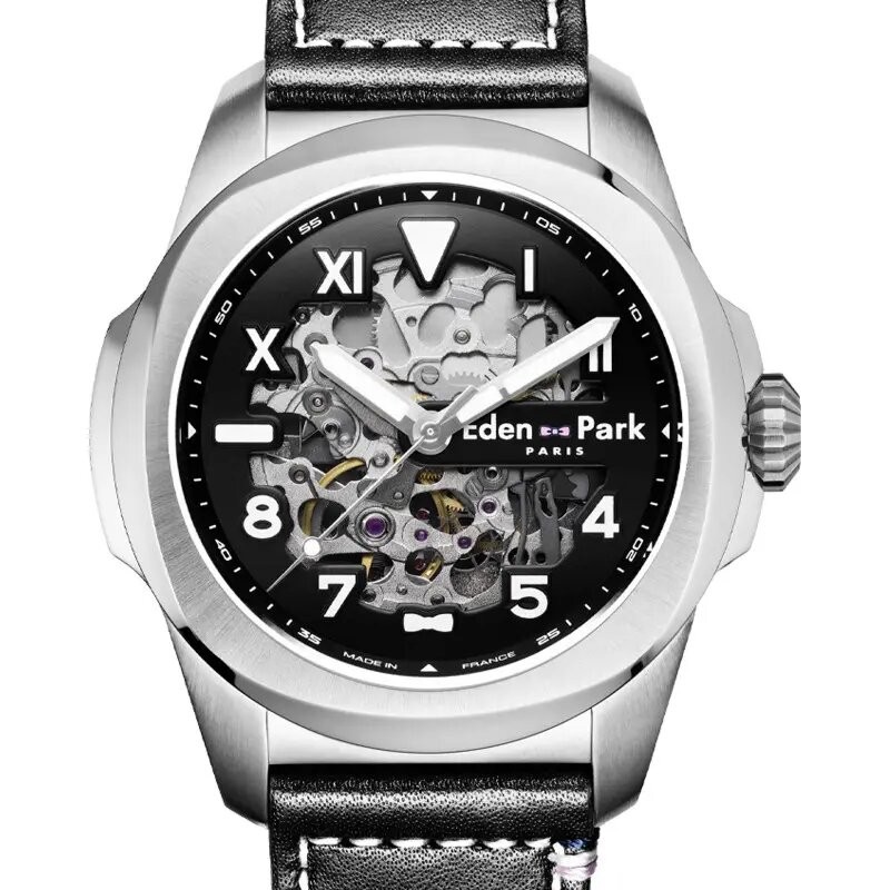 MONTRE HOMME EDEN PARK FRENCH FLAIR SPORT AUTOMATIQUE SKELETON BRACELET CUIR NOIR