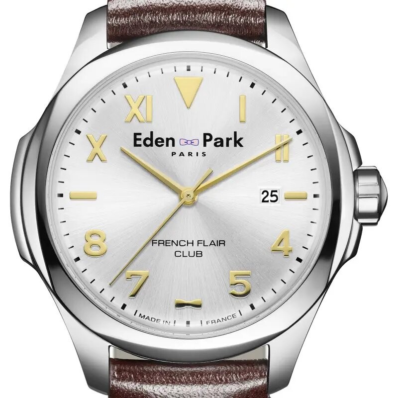 MONTRE HOMME EDEN PARK FRENCH FLAIR CLUB QUARTZ BRACELET CUIR MARRON CADRAN GRIS SOLEIL DATEUR