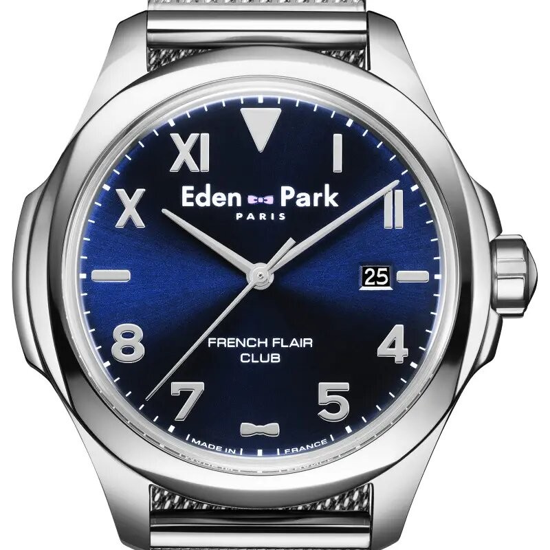 MONTRE HOMME EDEN PARK FRENCH FLAIR CLUB QUARTZ BRACELET MILANAIS ARGENTE CADRAN BLEU SOLEIL DATEUR