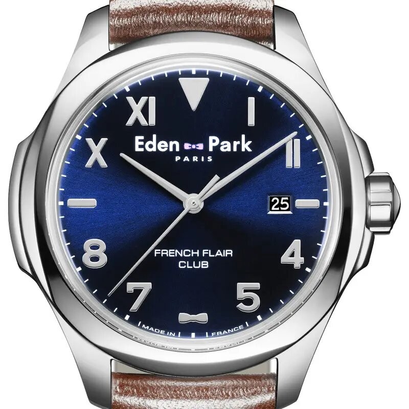 MONTRE HOMME EDEN PARK FRENCH FLAIR CLUB QUARTZ BRACELET CUIR MARRON CADRAN BLEU SOLEIL DATEUR