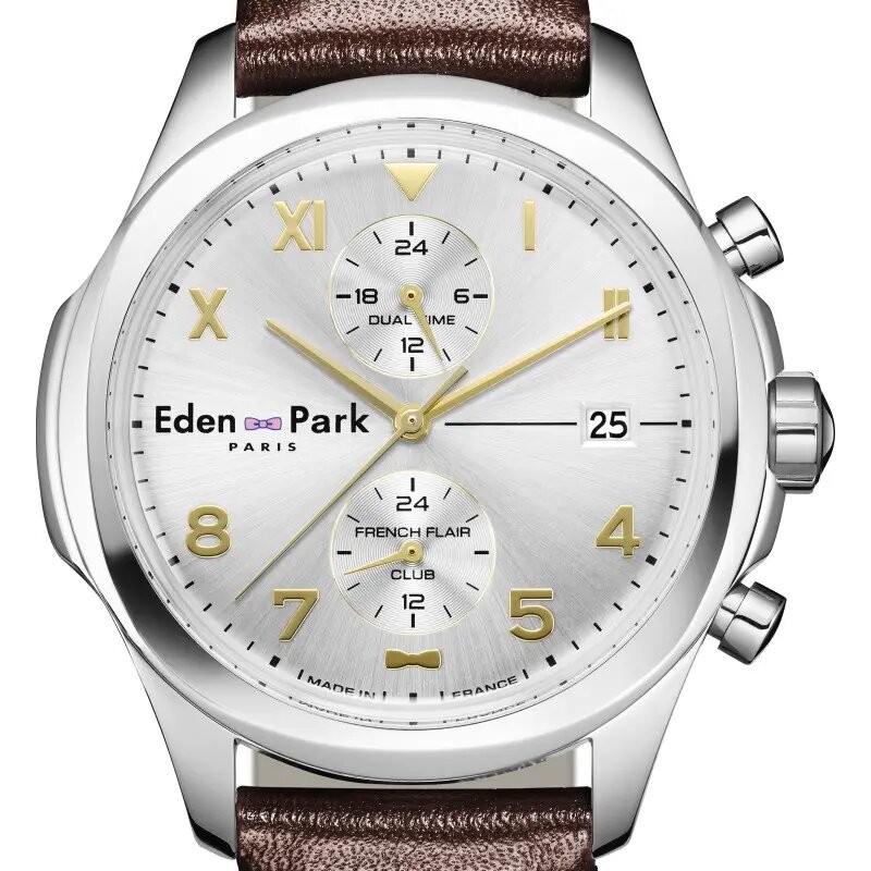 MONTRE HOMME EDEN PARK FRENCH FLAIR CLUB QUARTZ BRACELET CUIR MARRON CADRAN GRIS SOLEIL DATEUR CHRONOGRAPHES