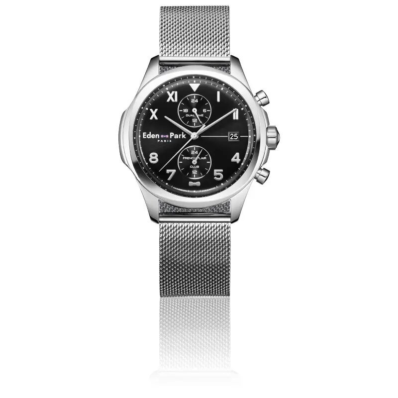 MONTRE HOMME EDEN PARK FRENCH FLAIR CLUB  BRACELET MILANAIS ARGENTE CADRAN NOIR DATEUR ET CHRONOGRAPHES