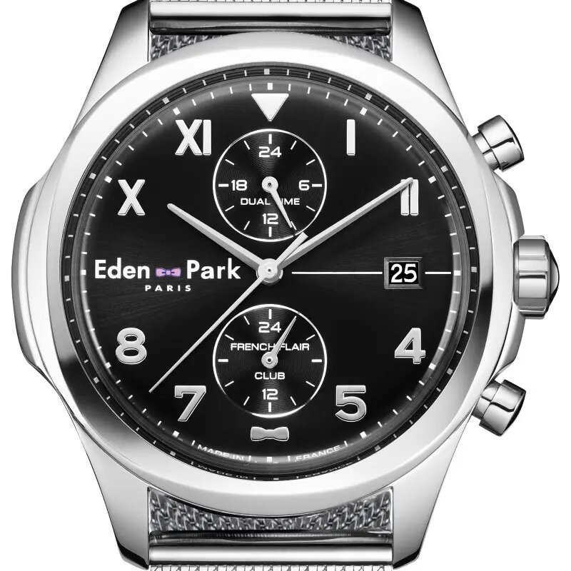 MONTRE HOMME EDEN PARK FRENCH FLAIR CLUB  BRACELET MILANAIS ARGENTE CADRAN NOIR DATEUR ET CHRONOGRAPHES