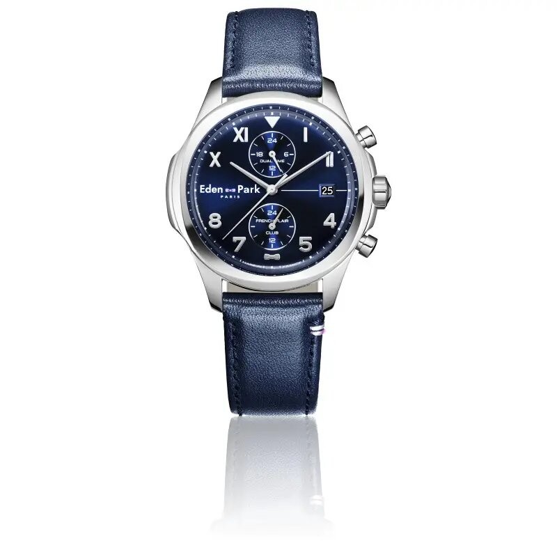 MONTRE HOMME EDEN PARK FRENCH FLAIR CLUB  BRACELET CUIR BLEU CADRAN BLEU SOLEIL DATEUR CHRONOGRAPHES