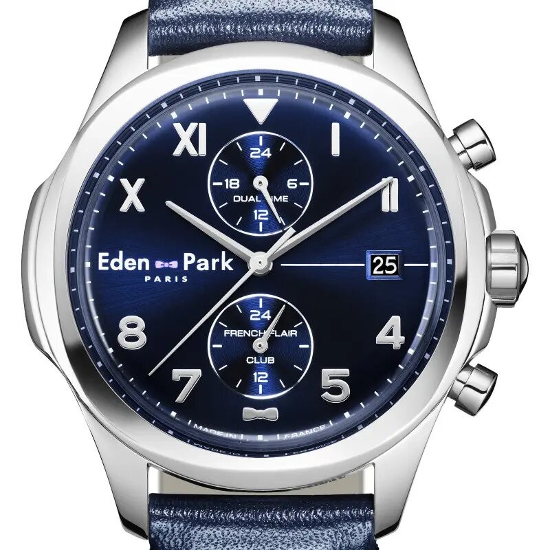 MONTRE HOMME EDEN PARK FRENCH FLAIR CLUB  BRACELET CUIR BLEU CADRAN BLEU SOLEIL DATEUR CHRONOGRAPHES