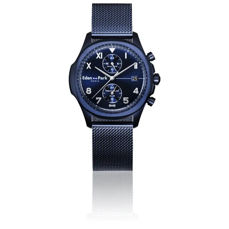 MONTRE HOMME EDEN PARK FRENCH FLAIR CLUB  BRACELET MILANAIS BLEU CADRAN BLEU DATEUR ET CHRONOGRAPHES