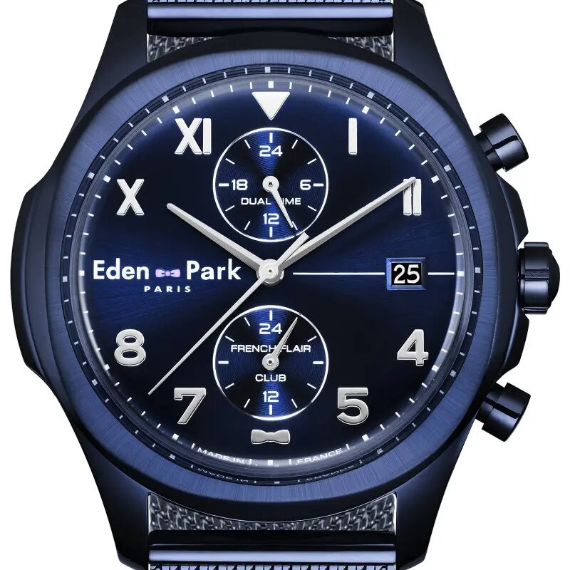 MONTRE HOMME EDEN PARK FRENCH FLAIR CLUB  BRACELET MILANAIS BLEU CADRAN BLEU DATEUR ET CHRONOGRAPHES