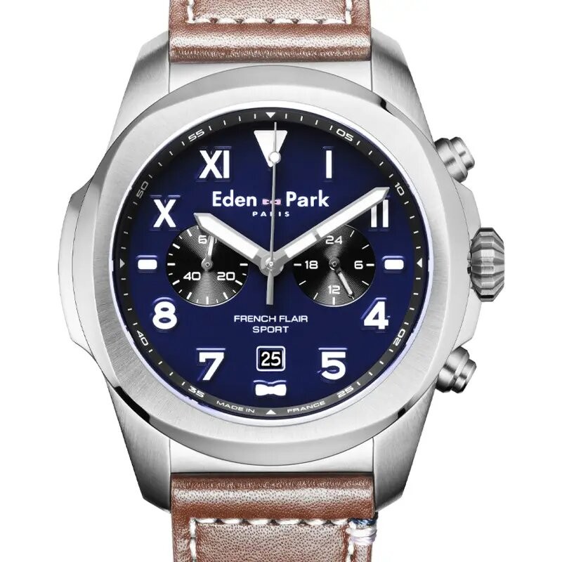 MONTRE HOMME EDEN PARK FRENCH FLAIR SPORT BRACELET CUIR MARRON CADRAN BLEU DATEUR CHRONOGRAPHES