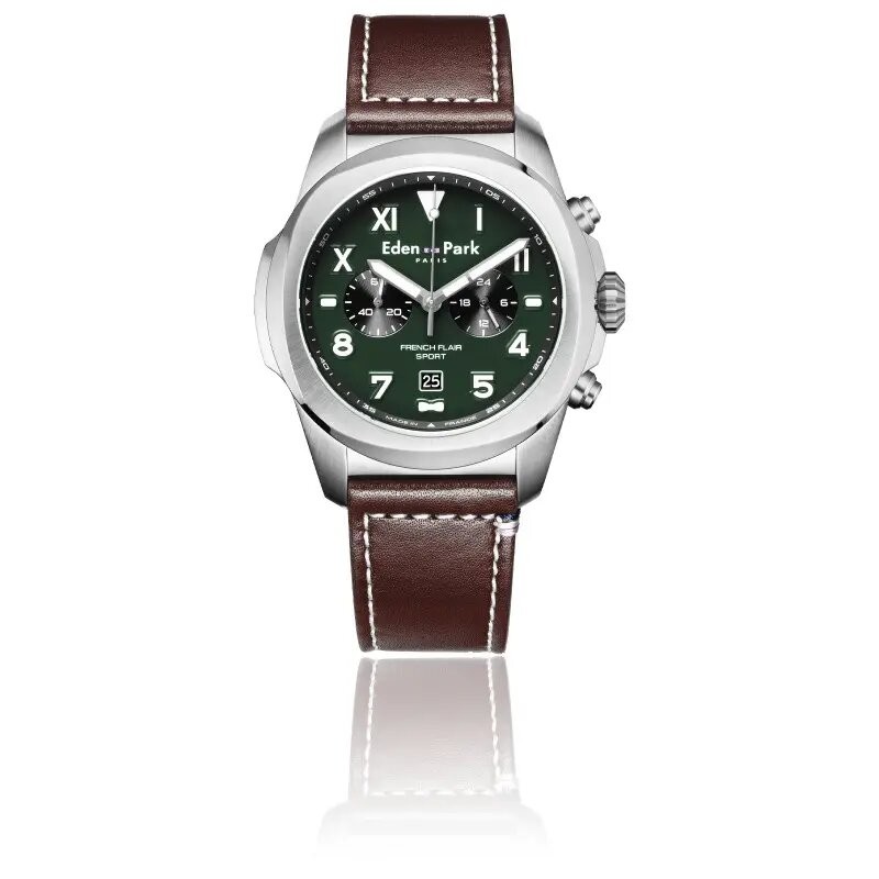MONTRE HOMME EDEN PARK FRENCH FLAIR SPORT BRACELET CUIR MARRON CADRAN VERT DATEUR CHRONOGRAPHES