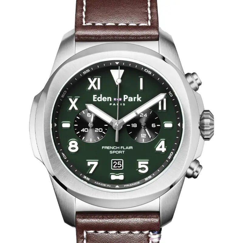 MONTRE HOMME EDEN PARK FRENCH FLAIR SPORT BRACELET CUIR MARRON CADRAN VERT DATEUR CHRONOGRAPHES