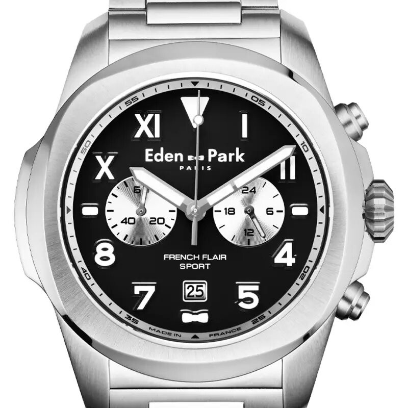 MONTRE HOMME EDEN PARK FRENCH FLAIR SPORT BRACELET ACIER ARGENTE CADRAN NOIR DATEUR CHRONOGRAPHES