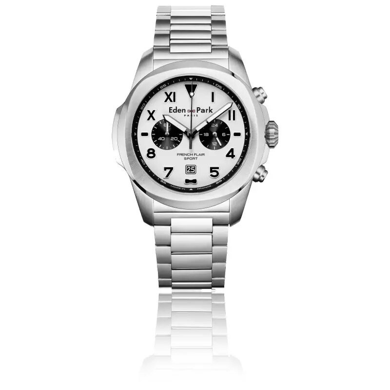 MONTRE HOMME EDEN PARK FRENCH FLAIR SPORT BRACELET ACIER ARGENTE CADRAN "PANDA" DATEUR