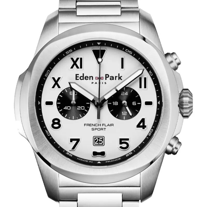 MONTRE HOMME EDEN PARK FRENCH FLAIR SPORT BRACELET ACIER ARGENTE CADRAN "PANDA" DATEUR