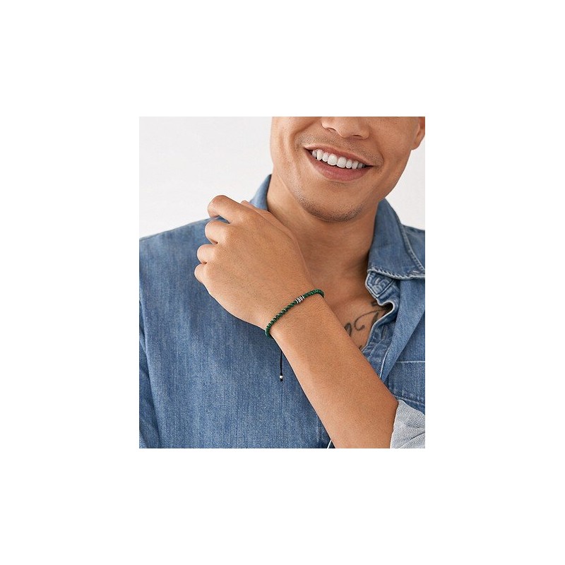 Bracelet Homme Fossil en malachites reconstituées vertes et cordon noir