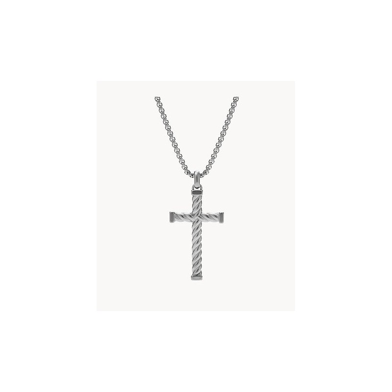 Collier Pendentif Homme Fossil Meaningful Moments en acier argenté forme de croix