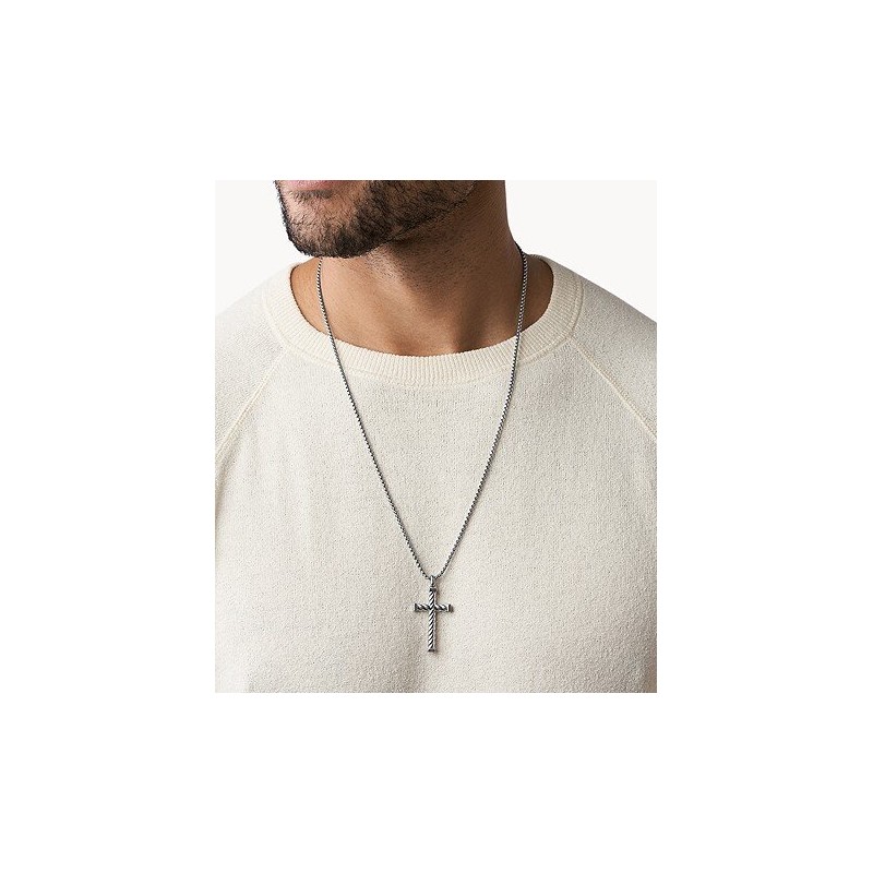 Collier Pendentif Homme Fossil Meaningful Moments en acier argenté forme de croix
