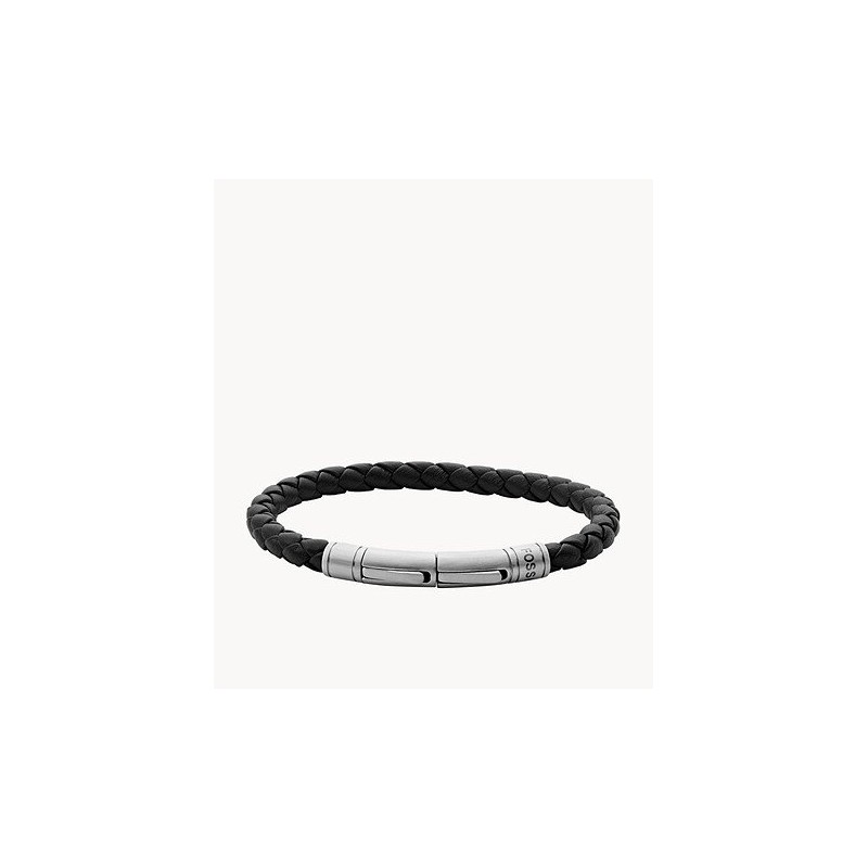 Bracelet Homme Fossil en acier argenté et cuir tressé marron
