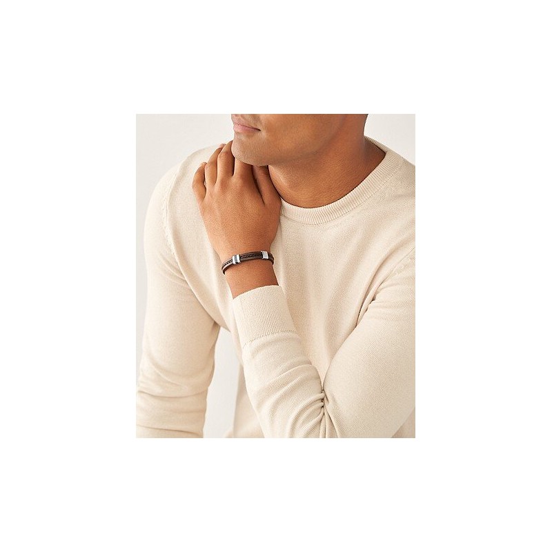 Bracelet Homme Fossil  Leather Essentials en acier argenté et cuir marron