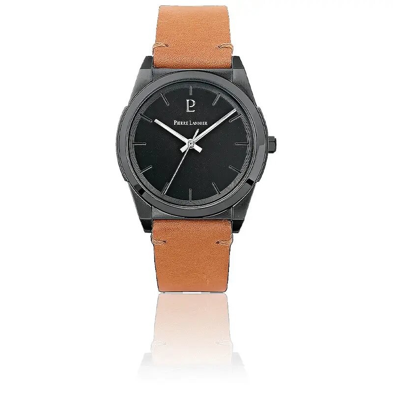 Montre Homme Pierre Lannier Collection Candide cadran noir bracelet cuir camel
