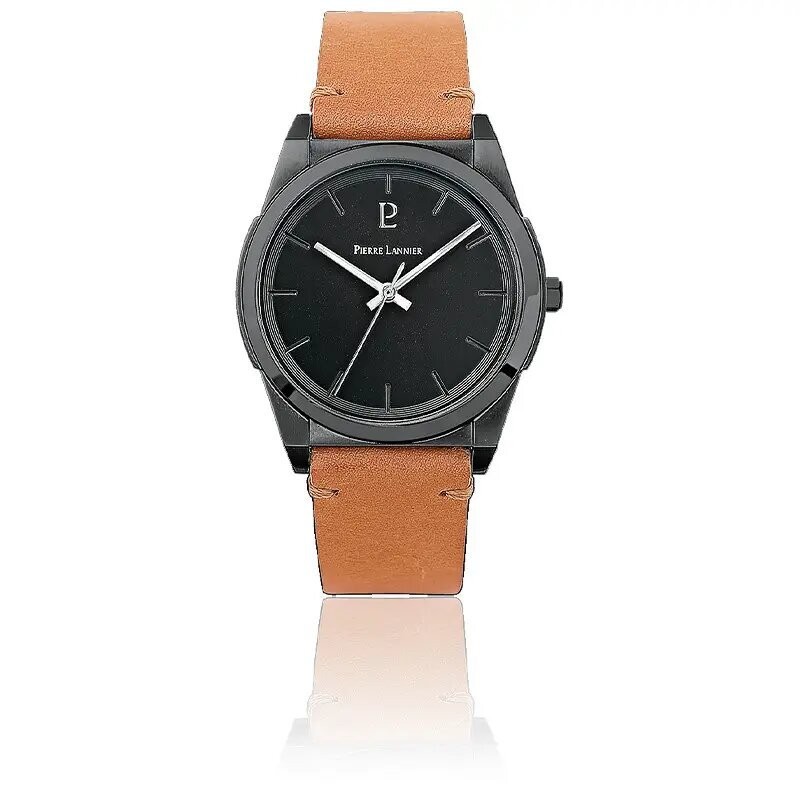 Montre Homme Pierre Lannier Collection Candide cadran noir bracelet cuir camel