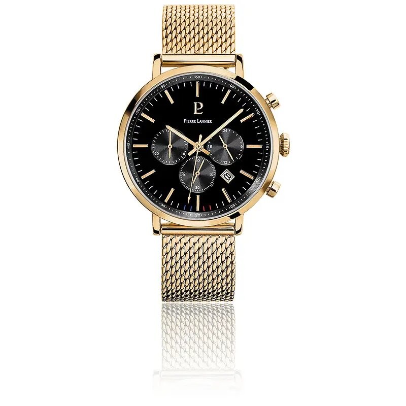 Montre Homme Pierre Lannier Collection Baron cadran noir bracelet milanais doré