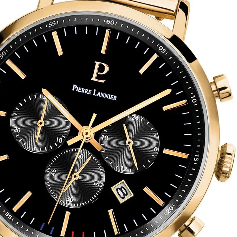 Montre Homme Pierre Lannier Collection Baron cadran noir bracelet milanais doré