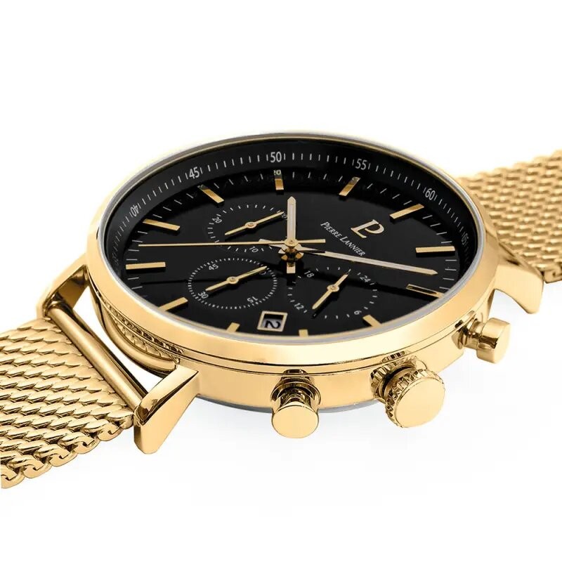 Montre Homme Pierre Lannier Collection Baron cadran noir bracelet milanais doré