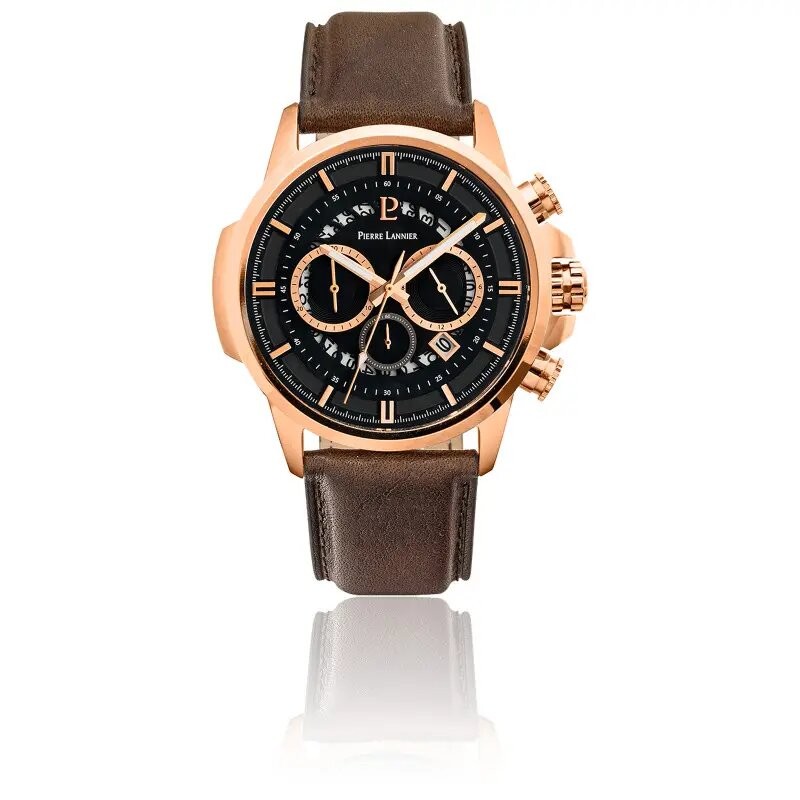 Montre Homme Pierre Lannier Collection Sentinelle cadran noir chronographes bracelet cuir marron