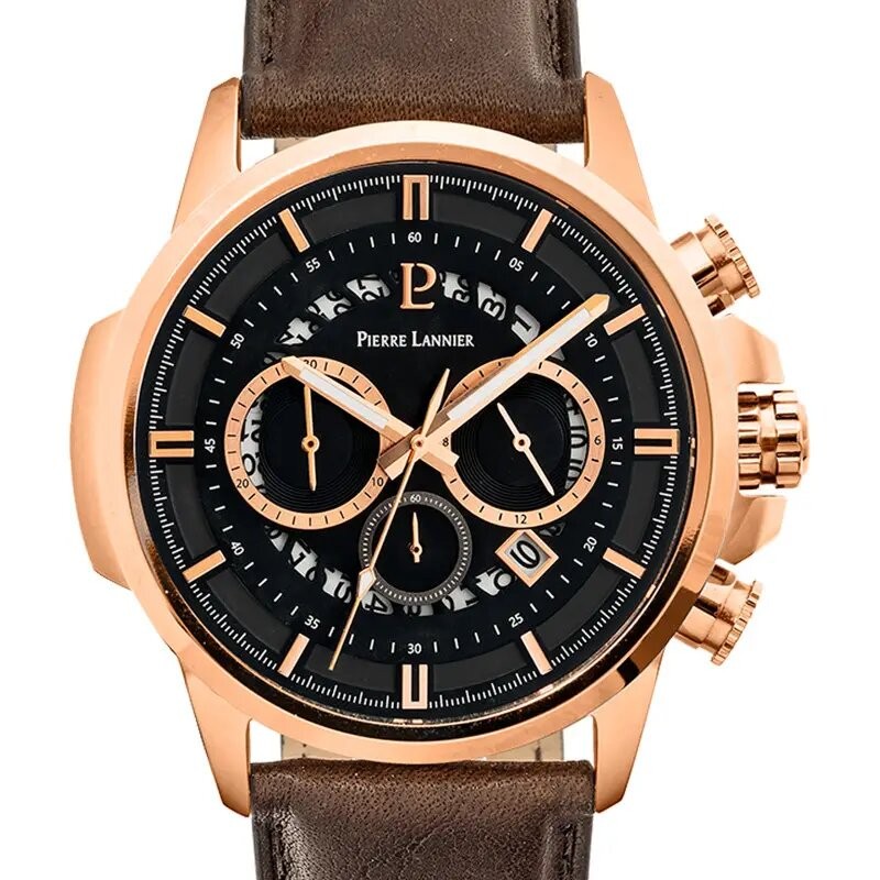 Montre Homme Pierre Lannier Collection Sentinelle cadran noir chronographes bracelet cuir marron