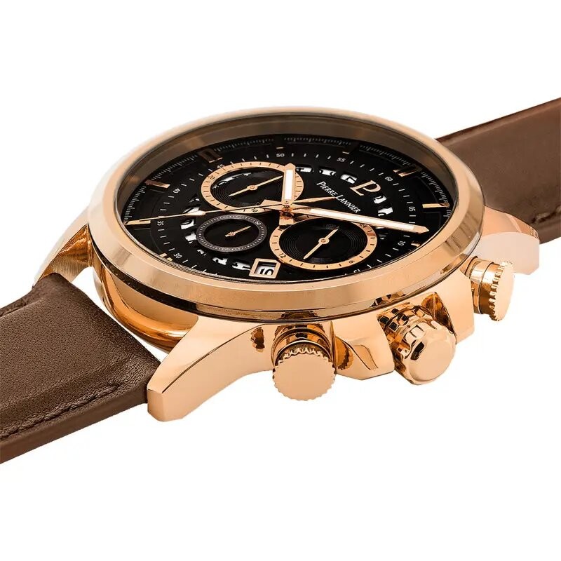 Montre Homme Pierre Lannier Collection Sentinelle cadran noir chronographes bracelet cuir marron