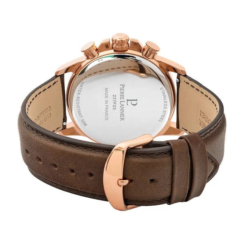 Montre Homme Pierre Lannier Collection Sentinelle cadran noir chronographes bracelet cuir marron