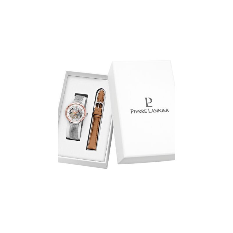COFFRET MONTRE FEMME PIERRE LANNIER  AUTOMATIQUE MAILLES MILANAISES+ BRACELET CUIR MARRON